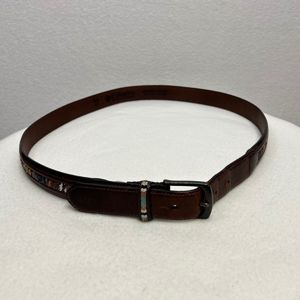 Columbia Mens Genuine Leather Belt Size 42 Brown Woven‎ Detail Buckle Casual